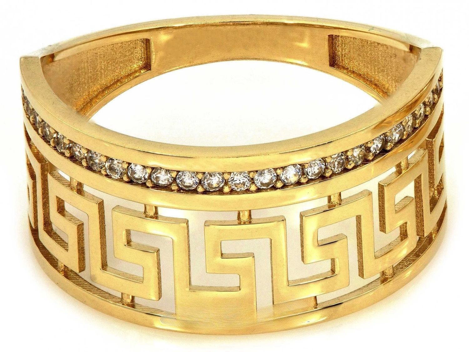 Elegancki pierścionek damski z żółtego złota próby 375, wysadzany cyrkoniami, z motywem greckim. Okazały, błyszczący pierścionek z kolekcji Ornament – idealny na prezent.1.jpg